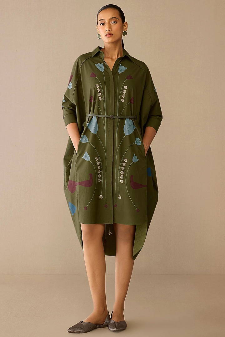 Olive Green Poplin Shirt Vacation Dress by AMPM at Pernia's Pop Up Shop