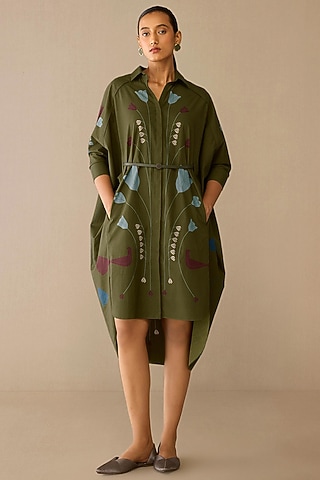 Olive Green Poplin Shirt Dress by AMPM
