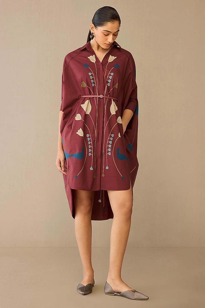 Red Poplin Shirt Vacation Dress With Belt by AMPM at Pernia's Pop Up Shop