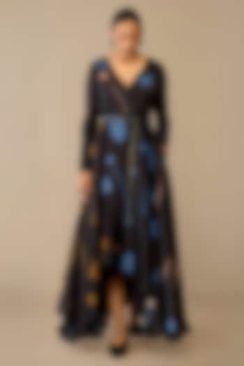 Smokey Black Satin Organza High-Low Cocktail Dress With Belt by AMPM at Pernia's Pop Up Shop