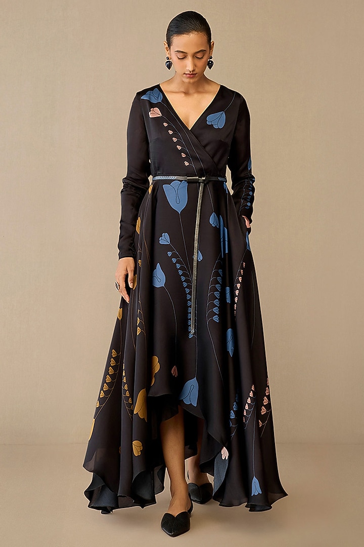 Smokey Black Satin Organza High-Low Cocktail Dress With Belt by AMPM at Pernia's Pop Up Shop