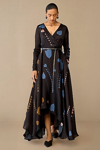Smokey Black Satin Organza High-Low Dress With Belt by AMPM