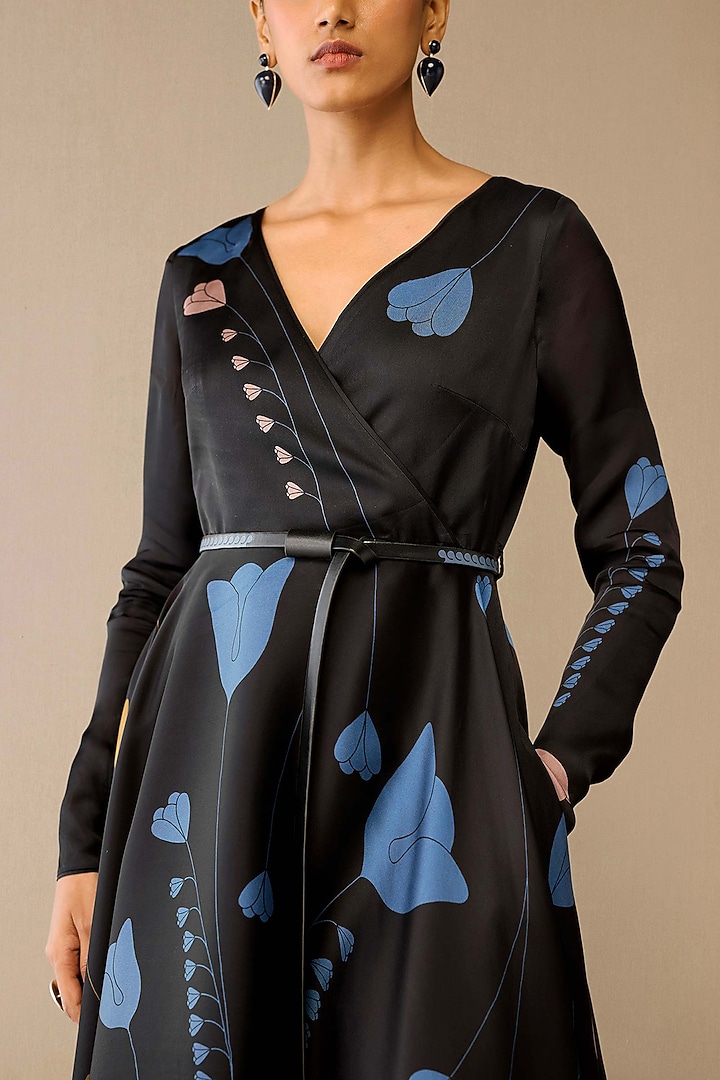 Smokey Black Satin Organza High-Low Cocktail Dress With Belt by AMPM at Pernia's Pop Up Shop