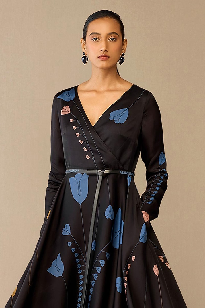Smokey Black Satin Organza High-Low Cocktail Dress With Belt by AMPM at Pernia's Pop Up Shop