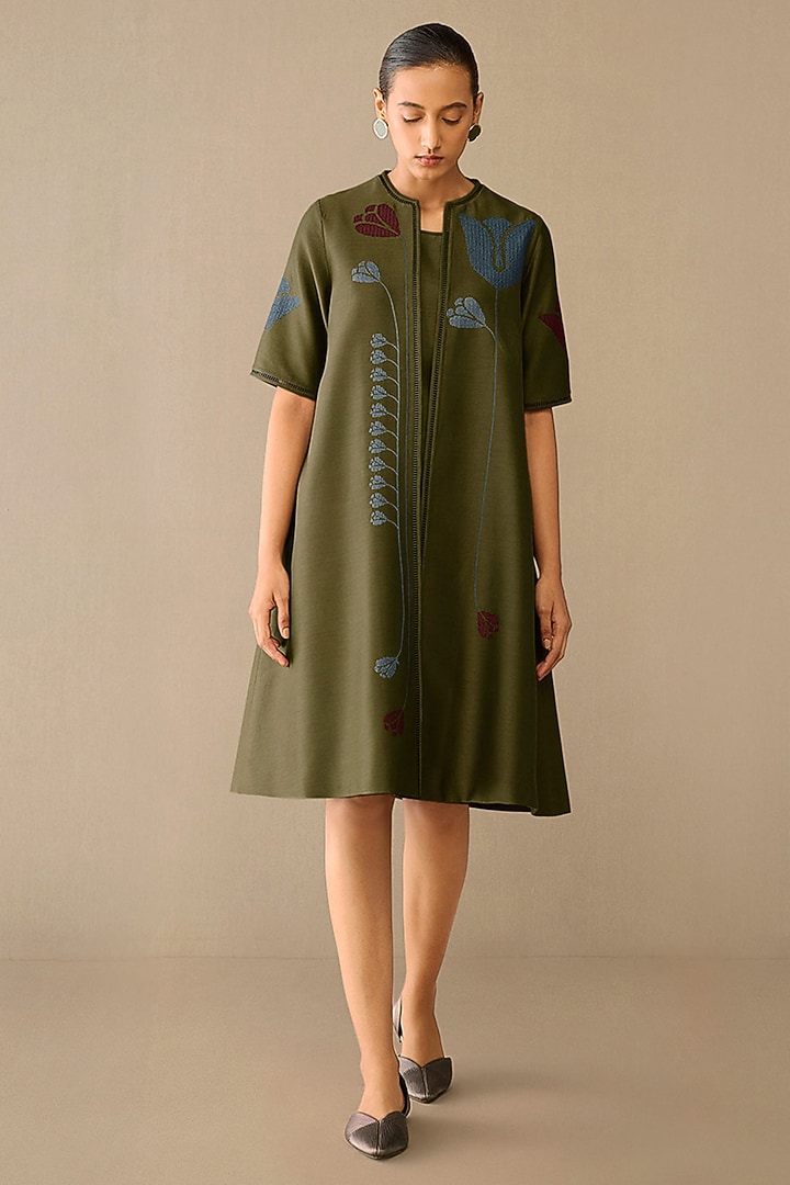 Green Satin Chanderi Jacket Set by AMPM at Pernia's Pop Up Shop