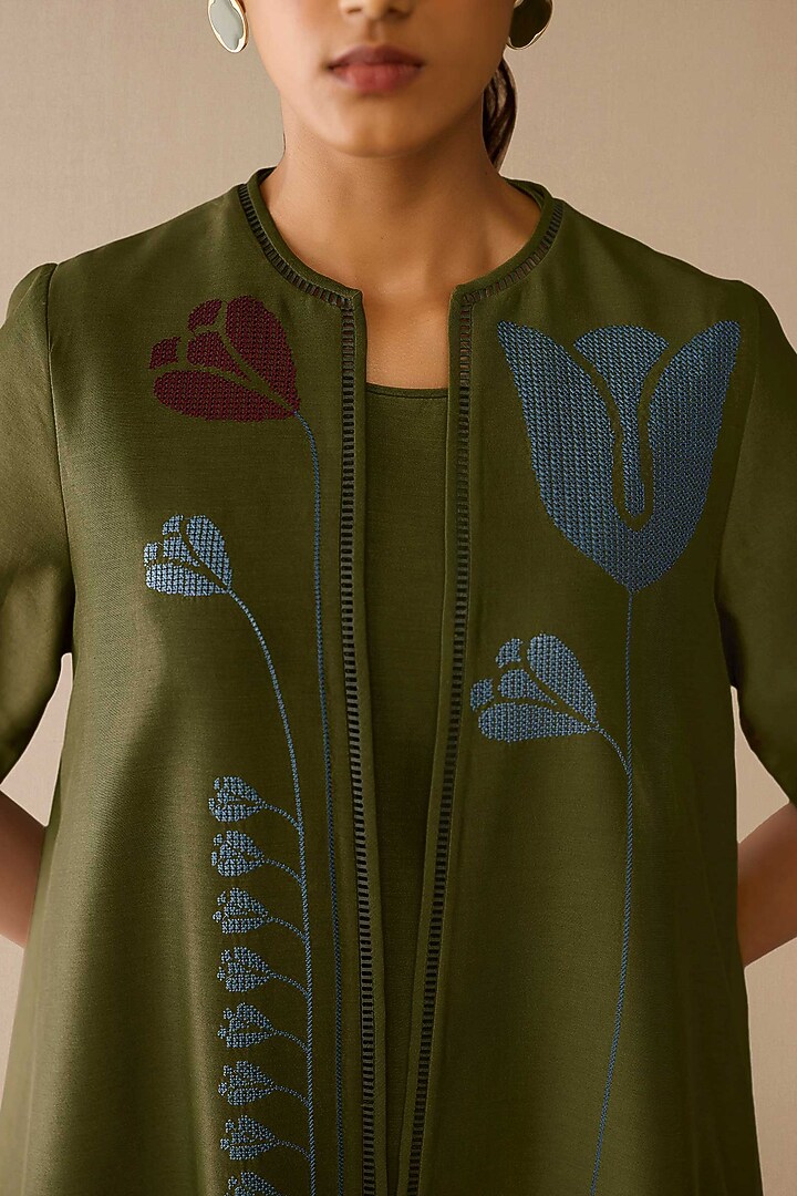 Green Satin Chanderi Jacket Set by AMPM at Pernia's Pop Up Shop