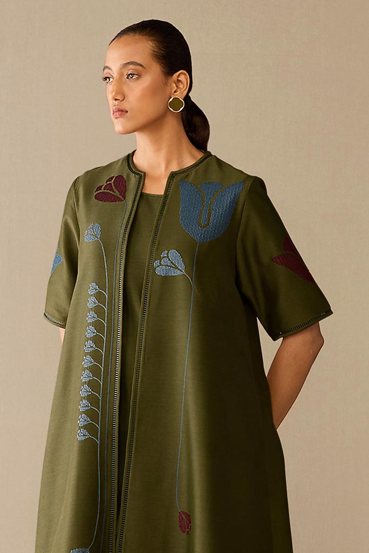 Green Satin Chanderi Jacket Set by AMPM at Pernia's Pop Up Shop