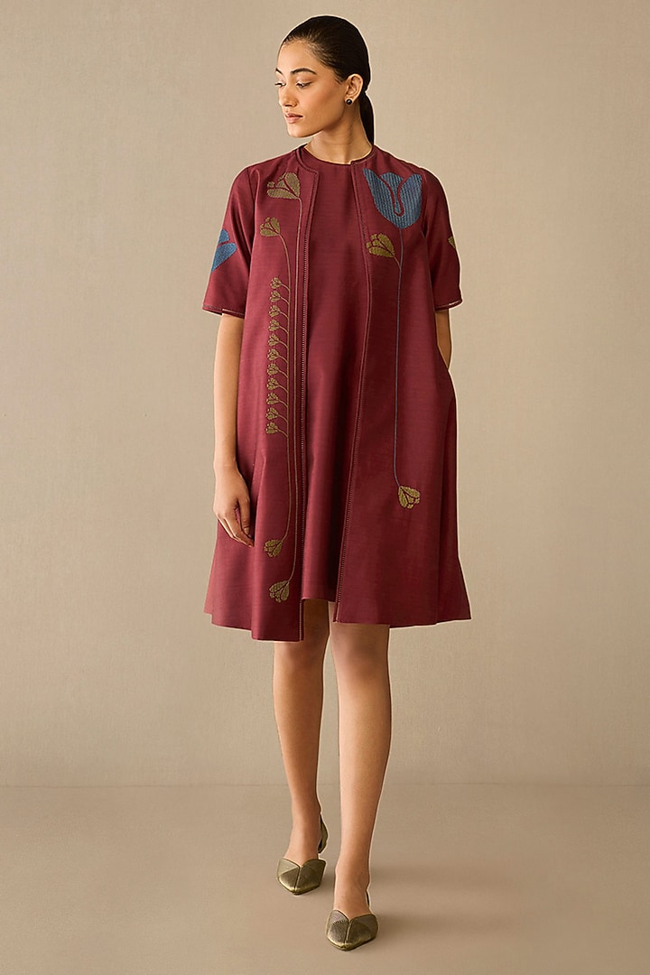 Red Satin Chanderi Jacket Set by AMPM at Pernia's Pop Up Shop