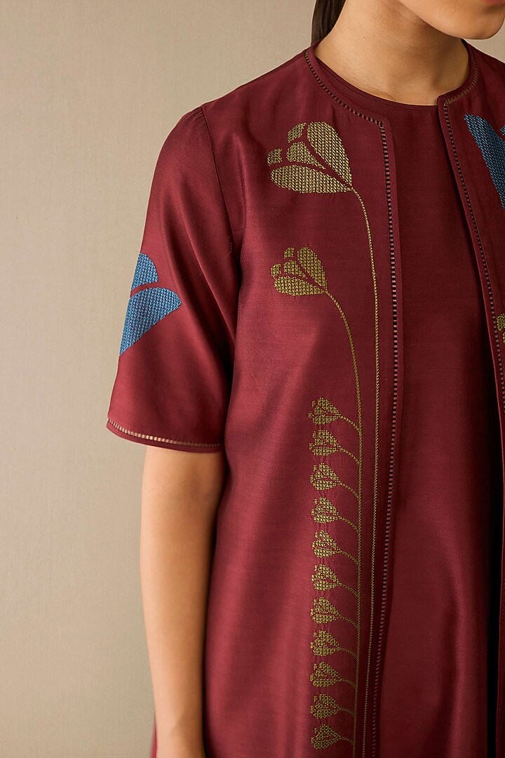 Red Satin Chanderi Jacket Set by AMPM at Pernia's Pop Up Shop