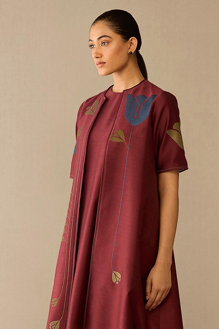 Red Satin Chanderi Jacket Set by AMPM at Pernia's Pop Up Shop