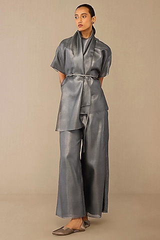 Grey Metallic Pant Set by AMPM