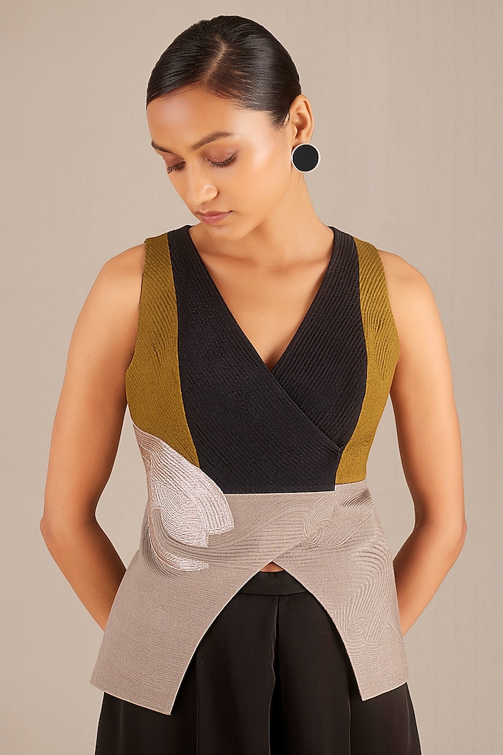 Multi-Colored Chanderi Embroidered Waistcoat by AMPM