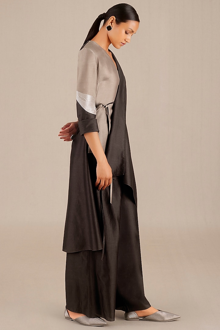 Dark Brown Chanderi Embroidered Tunic Set by AMPM at Pernia's Pop Up Shop