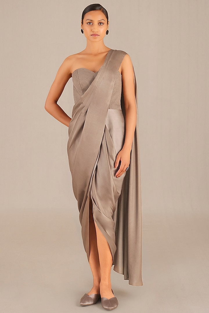 Beige Viscose Pre-Draped Saree Set by AMPM at Pernia's Pop Up Shop