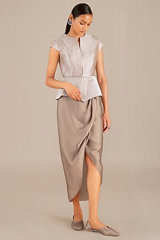 Metallic Silver Brocade Jacket Set by AMPM