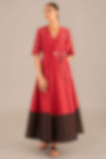 Red & Brown Chanderi Dress by AMPM