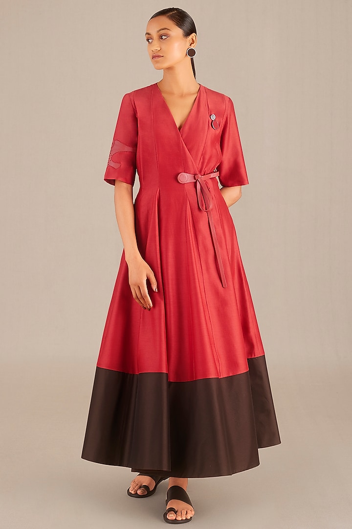Red & Brown Chanderi Dress by AMPM