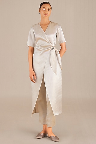 Silver Metallic & Brocade Woven Tunic Set by AMPM