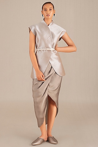Silver Metallic & Organza Silk Skirt Set by AMPM