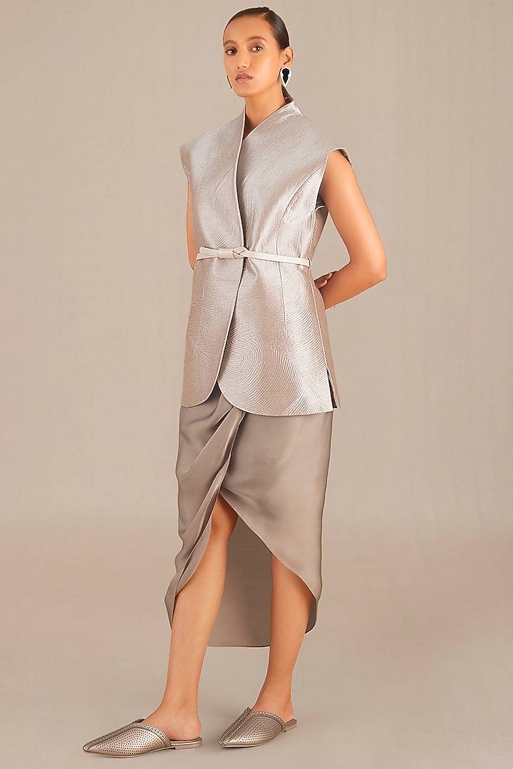 Silver Metallic & Organza Silk Skirt Set by AMPM at Pernia's Pop Up Shop