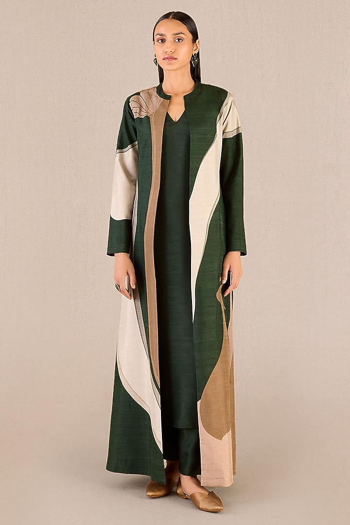 Dark Green Rose Silk Fluid Printed Jacket Set by AMPM at Pernia's Pop Up Shop