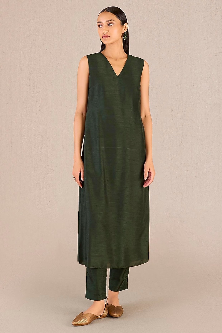 Dark Green Rose Silk Fluid Printed Jacket Set by AMPM at Pernia's Pop Up Shop