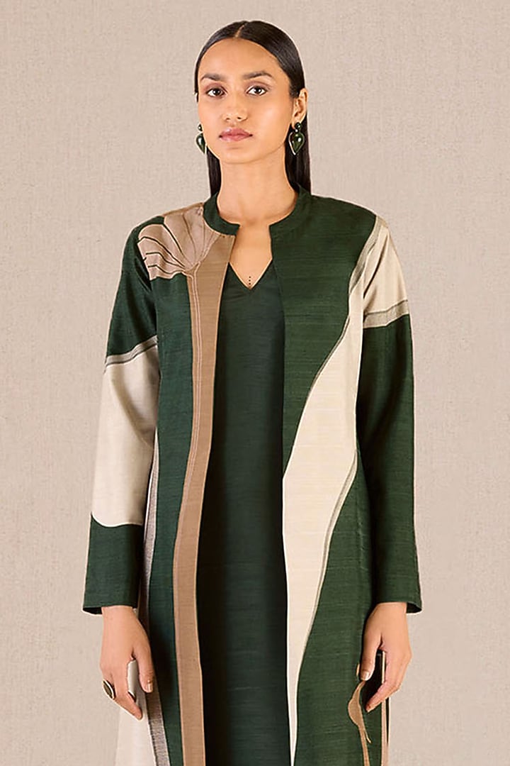 Dark Green Rose Silk Fluid Printed Jacket Set by AMPM at Pernia's Pop Up Shop