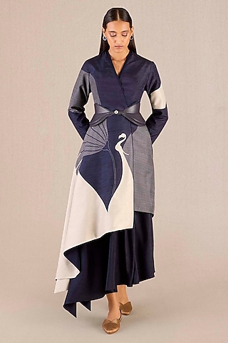 Dark Purple Rose Silk Printed Asymmetric Jacket Set by AMPM