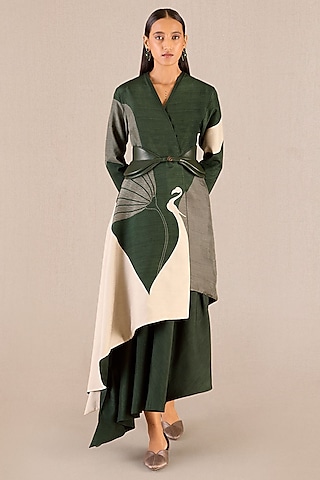 Dark Green Rose Silk Printed Asymmetric Jacket Set by AMPM