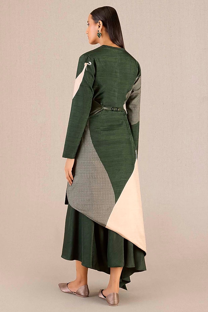 Dark Green Rose Silk Printed Asymmetric Jacket Set by AMPM at Pernia's Pop Up Shop