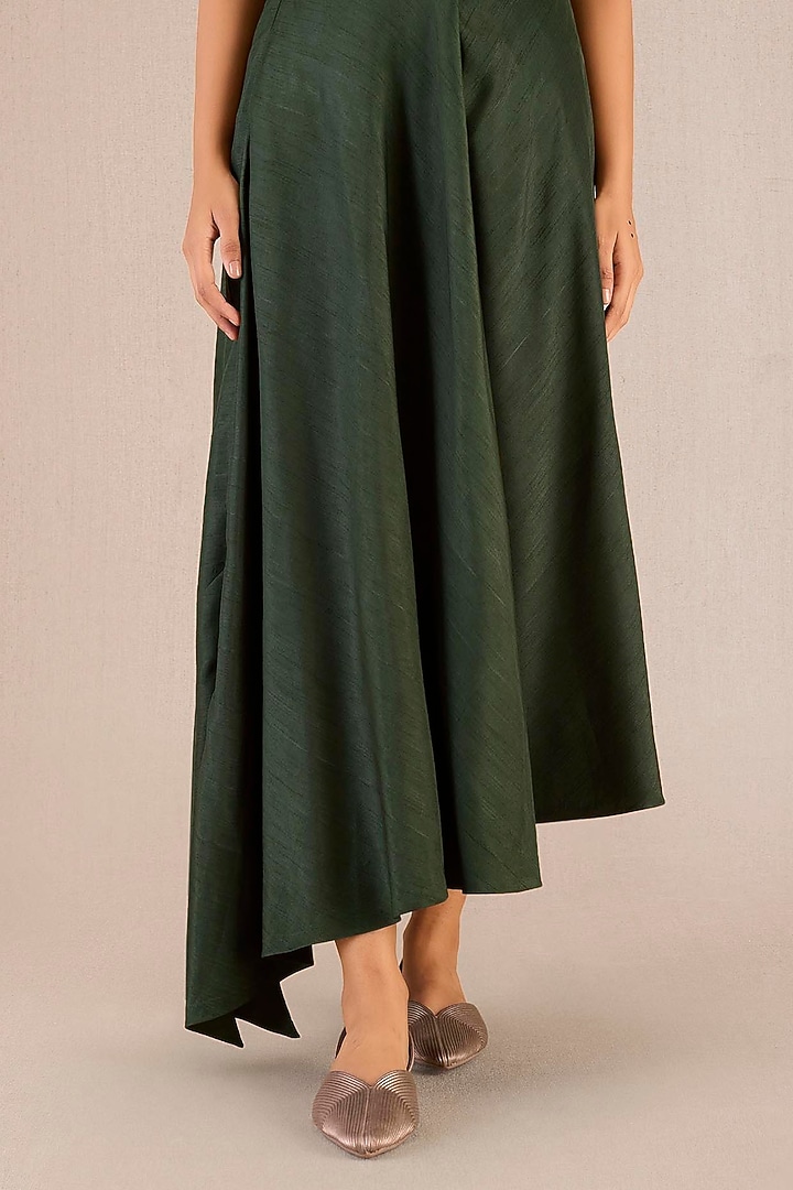 Dark Green Rose Silk Printed Asymmetric Jacket Set by AMPM at Pernia's Pop Up Shop