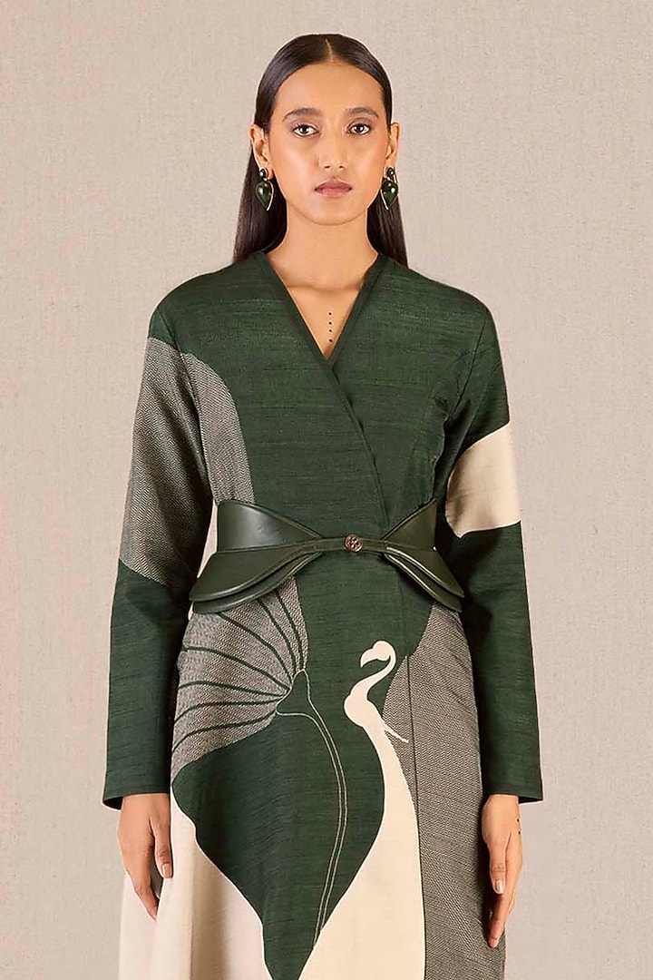 Dark Green Rose Silk Printed Asymmetric Jacket Set by AMPM at Pernia's Pop Up Shop