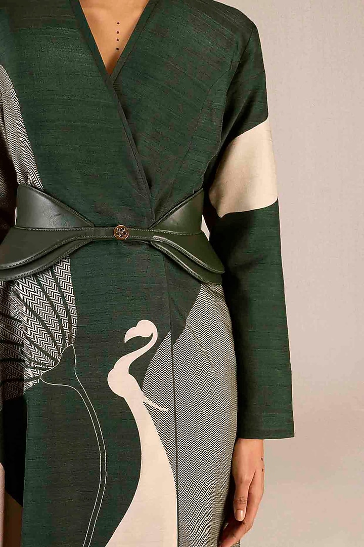 Dark Green Rose Silk Printed Asymmetric Jacket Set by AMPM at Pernia's Pop Up Shop