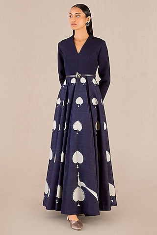 Dark Purple Rose Silk Peacock Printed Maxi Dress With Belt by AMPM