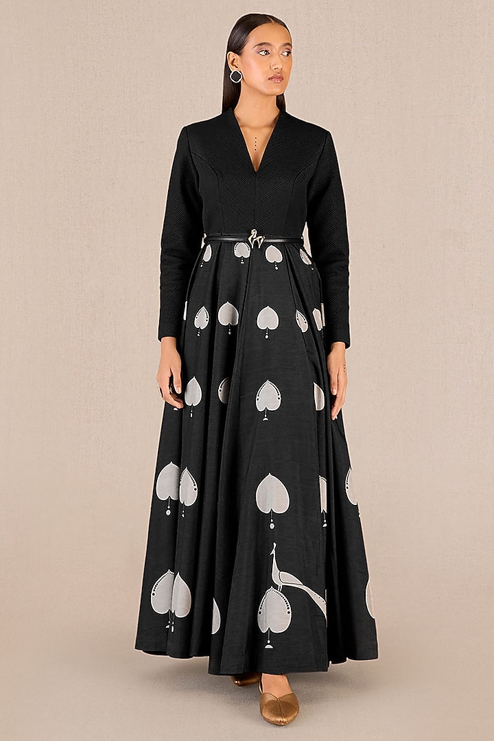 Black Rose Silk Peacock Printed Maxi Party Wear Dress With Belt by AMPM at Pernia's Pop Up Shop
