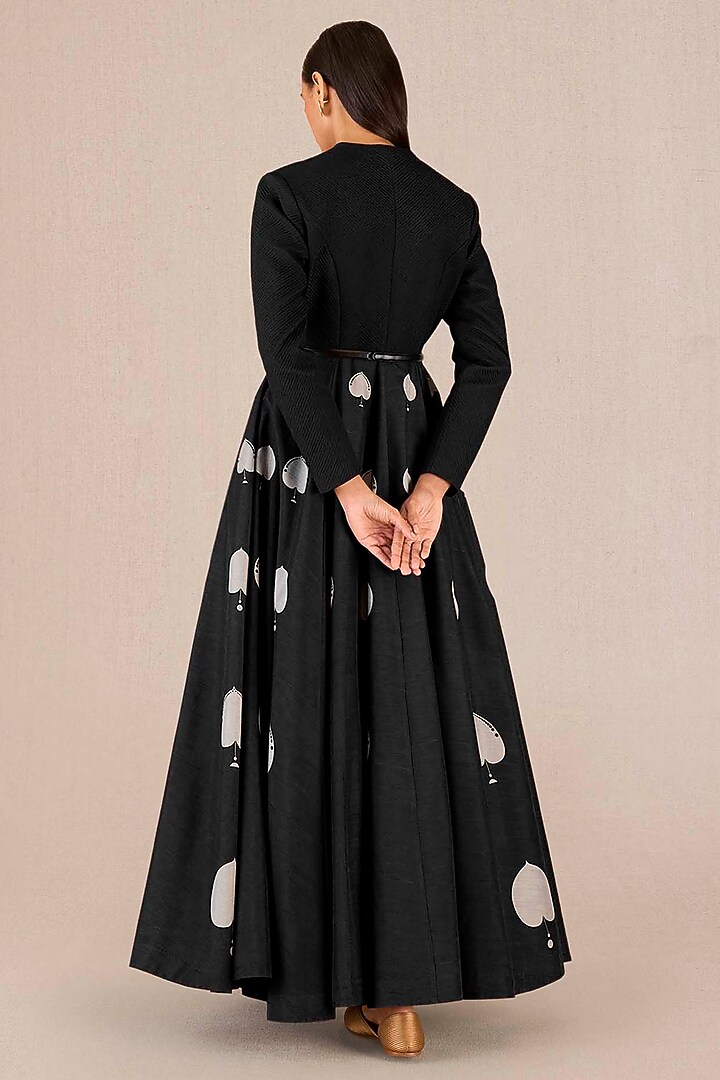 Black Rose Silk Peacock Printed Maxi Party Wear Dress With Belt by AMPM at Pernia's Pop Up Shop