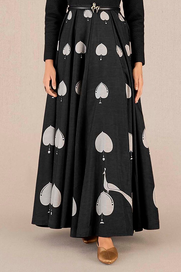 Black Rose Silk Peacock Printed Maxi Party Wear Dress With Belt by AMPM at Pernia's Pop Up Shop