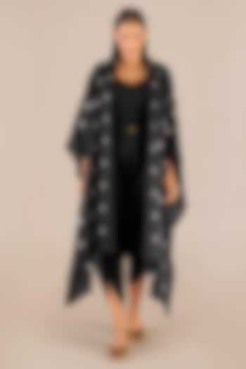 Black Organza Satin Leaf Printed Cape Set by AMPM at Pernia's Pop Up Shop