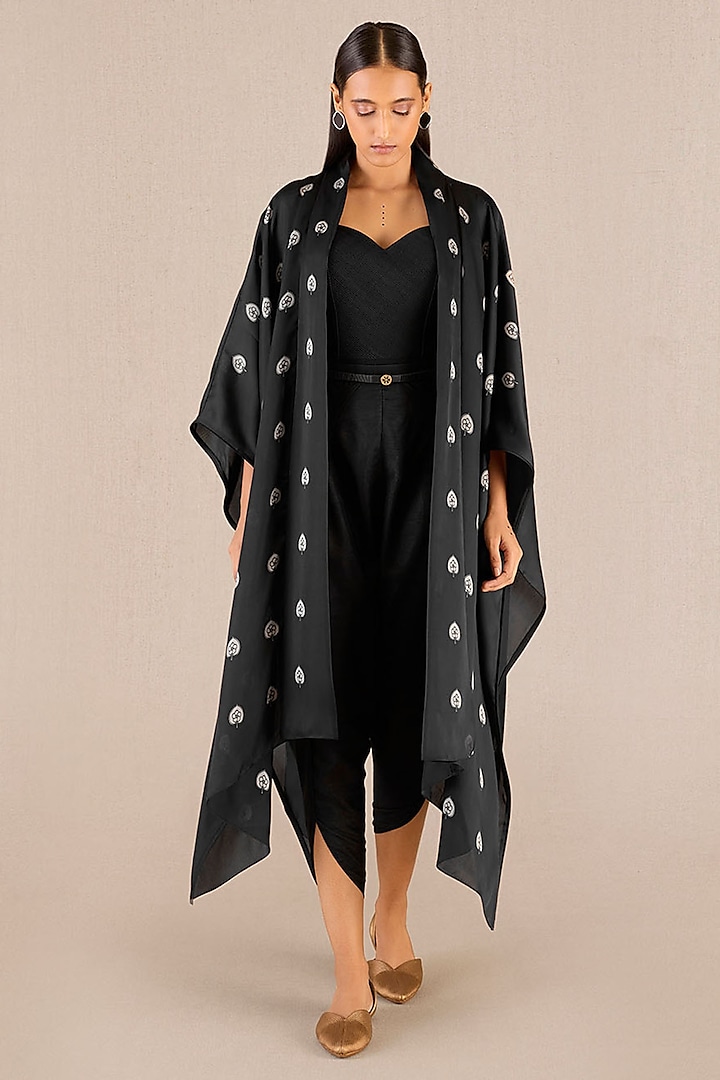 Black Organza Satin Leaf Printed Cape Set by AMPM at Pernia's Pop Up Shop