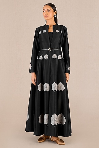 Black Chanderi Leaf Printed A-Line Pleated Jacket Set by AMPM