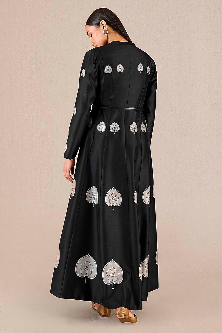 Black Chanderi Leaf Printed A-Line Pleated Jacket Set by AMPM at Pernia's Pop Up Shop