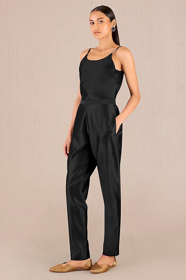 Black Chanderi Leaf Printed A-Line Pleated Jacket Set by AMPM at Pernia's Pop Up Shop