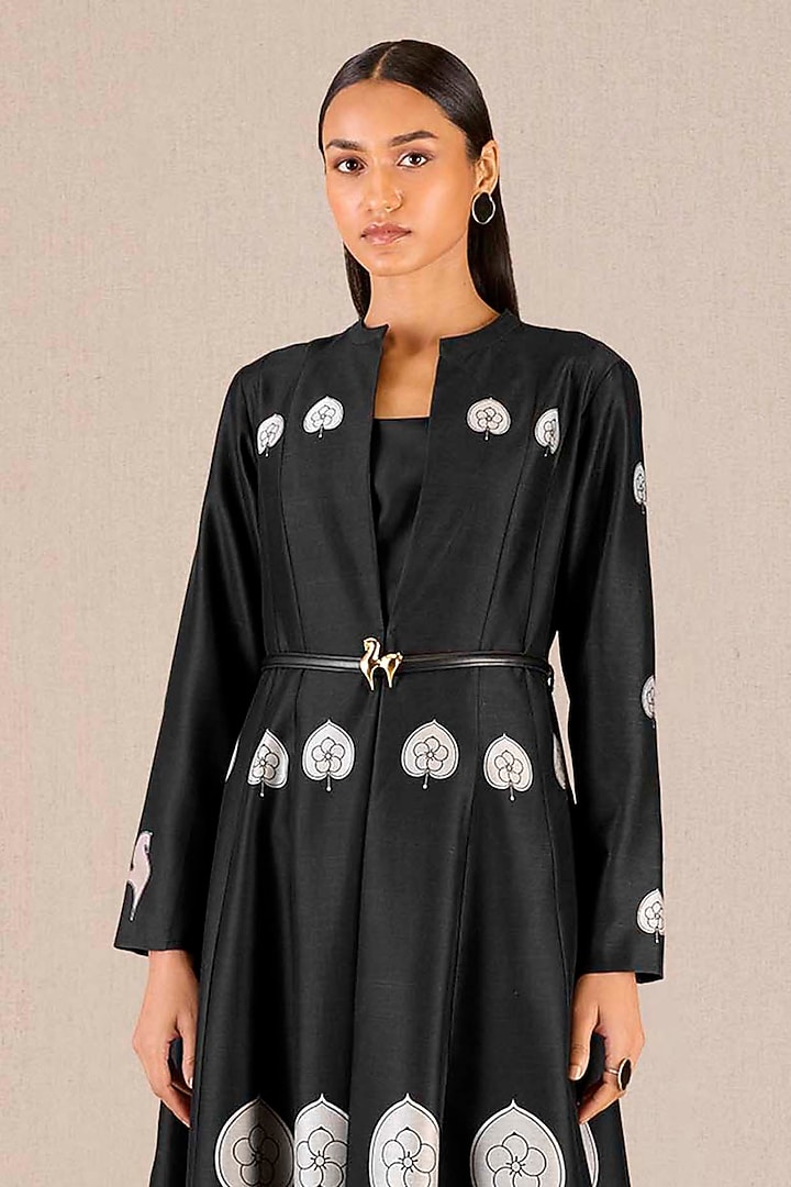Black Chanderi Leaf Printed A-Line Pleated Jacket Set by AMPM at Pernia's Pop Up Shop