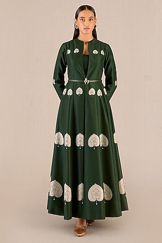 Dark Green Chanderi Leaf Printed A-Line Pleated Jacket Set by AMPM