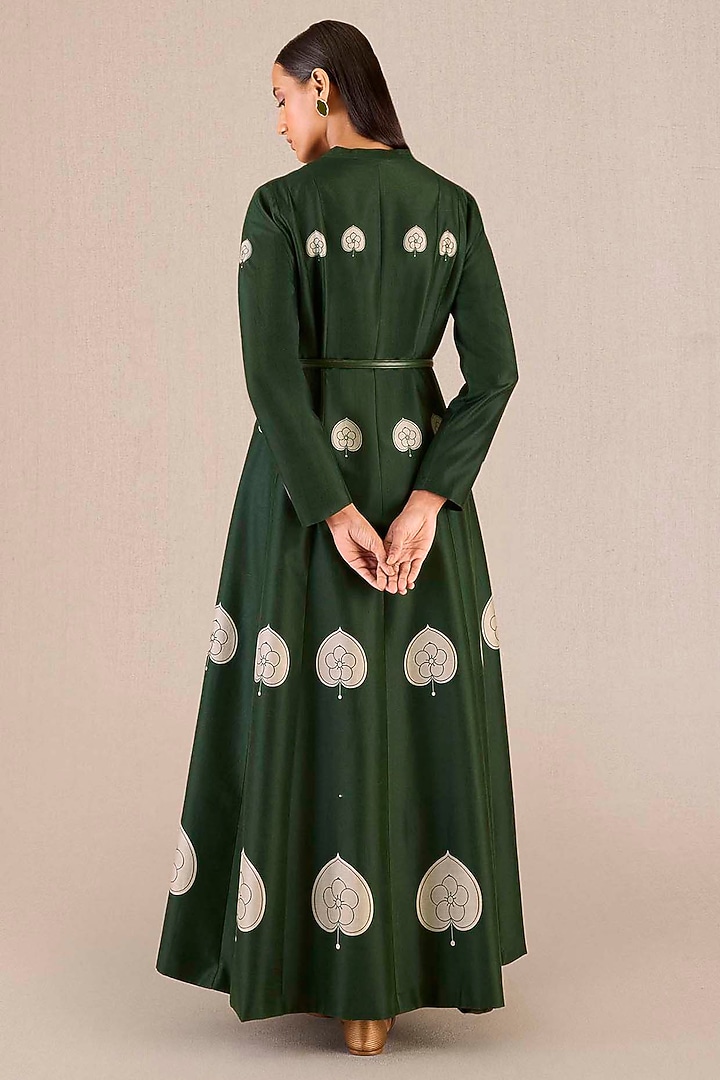 Dark Green Chanderi Leaf Printed A-Line Pleated Jacket Set by AMPM at Pernia's Pop Up Shop