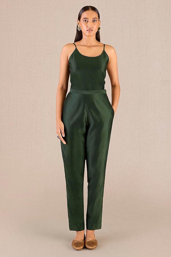 Dark Green Chanderi Leaf Printed A-Line Pleated Jacket Set by AMPM at Pernia's Pop Up Shop