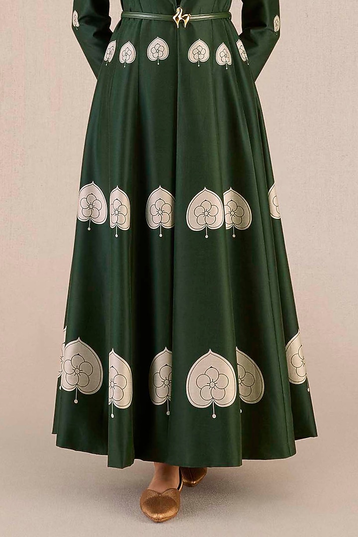 Dark Green Chanderi Leaf Printed A-Line Pleated Jacket Set by AMPM at Pernia's Pop Up Shop