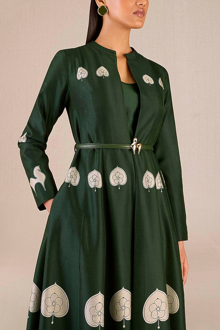 Dark Green Chanderi Leaf Printed A-Line Pleated Jacket Set by AMPM at Pernia's Pop Up Shop