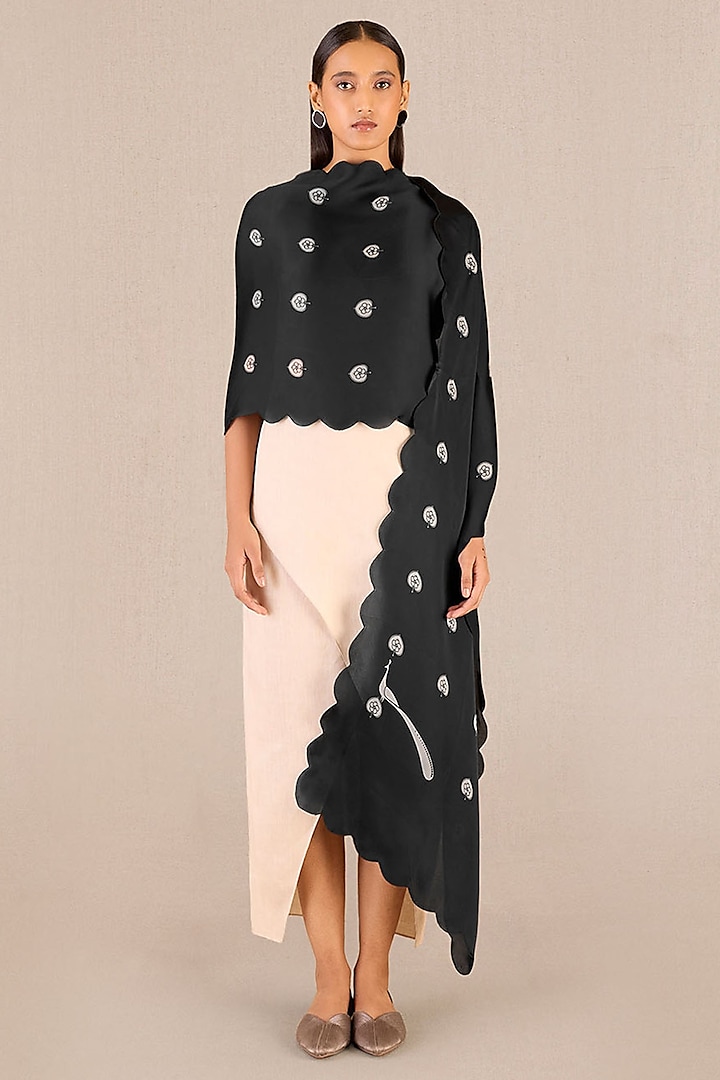 Black Organza Satin Leaf Motif Printed Scarf by AMPM at Pernia's Pop Up Shop