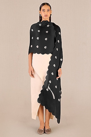 Black Organza Satin Leaf Motif Printed Scarf by AMPM